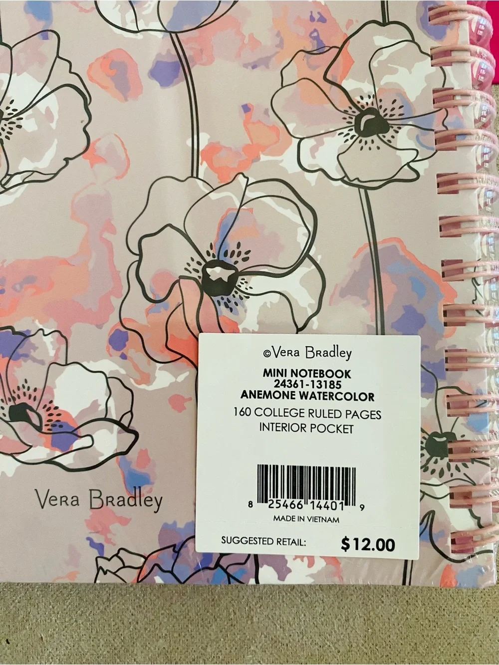 Vera Bradley Mini Spiral Notebook NWT Anemone Watercolor 160 pages
